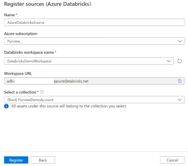 Azure Databricks ソースの登録のスクリーンショット。