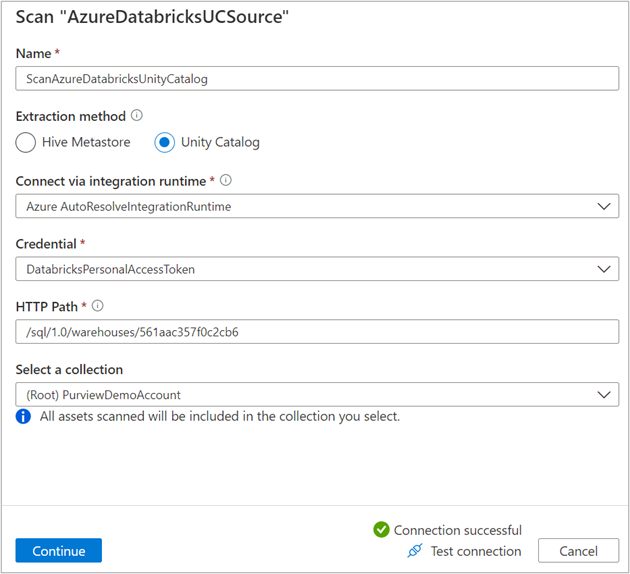 Azure Databricks Unity Catalog スキャンの設定のスクリーンショット。