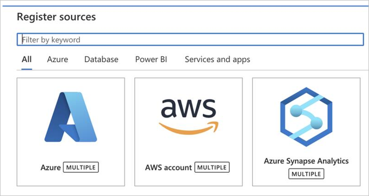 Azure Synapse Analytics を含む Microsoft Purview のソースの選択のスクリーンショット。