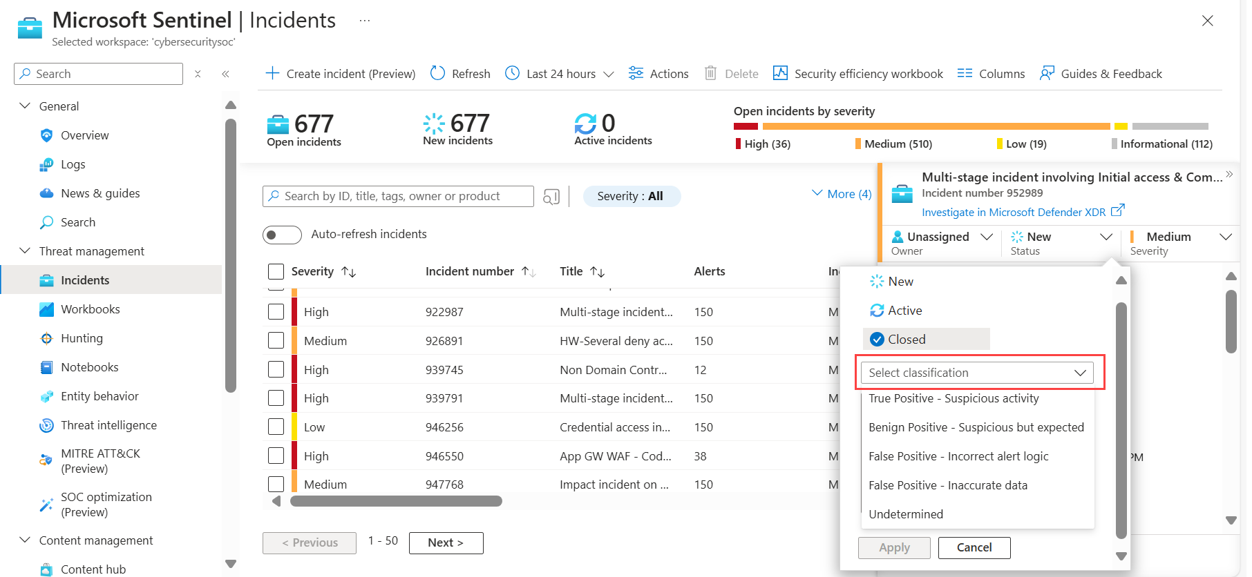 Microsoft Sentinel でのインシデントの解決のスクリーンショット。