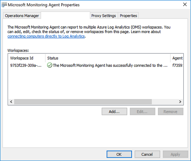 緑色のチェック マークを表示している [Microsoft Monitoring Agent プロパティ] ウィンドウ。