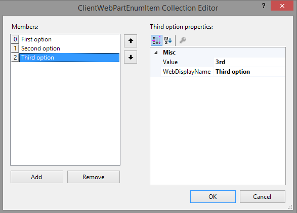 ClientWebPartEnumItem コレクション エディターで 3 つのアイテムが表示され、各アイテムに値属性と Web 表示名属性があります。