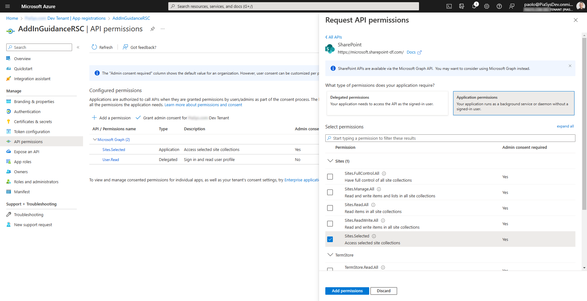 SharePoint Online を使用してアプリケーションの Sites.Selected アプリケーション権限を構成するときにMicrosoft Entraの UI。