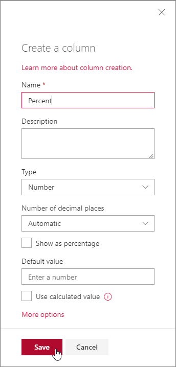 「Percent」という名前の新しいフィールドを作成する