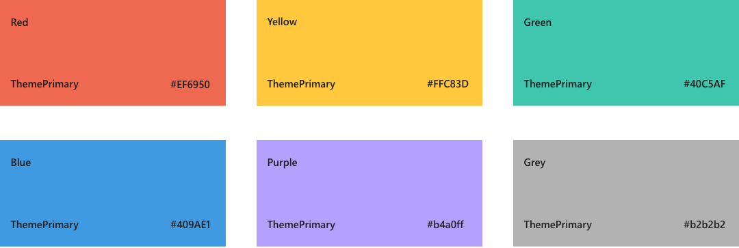 SharePoint の暗い色のテーマのカラー パレット、Red EF6950、Yellow FFC83D、Green 00b294、Blue 3a96dd、Purple 9c89e9、Grey b1adab