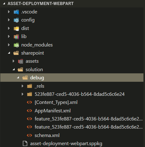 ソリューション構造で sharepoint フォルダー下にある debug フォルダーを示すスクリーンショット