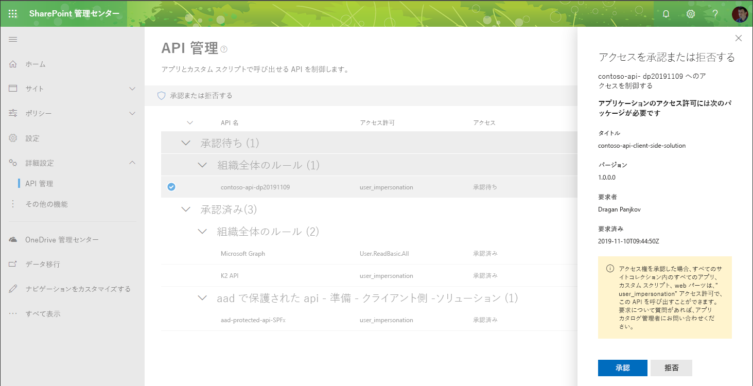 承認プロセス中の WebApiPermission 管理ページのスクリーンショット