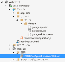 [サーバー エクスプローラー] では、ネストされたオブジェクトが [Web サイト]、[vesaj-od4bconf]、[ファイル]、[リソース]、[テーマ]、[Garage] の順に展開されていて、[Garage] フォルダー内のファイルが表示されています。