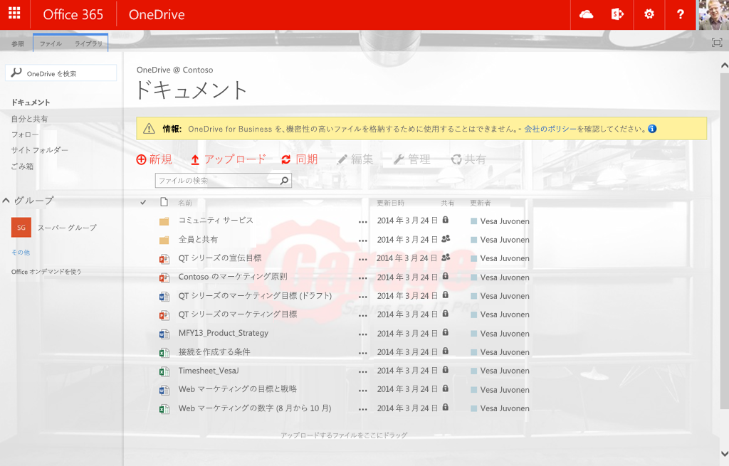 完成したカスタムの OD4B サイトのビュー。