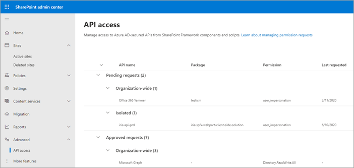 最新の SharePoint 管理センターの API アクセス ページ