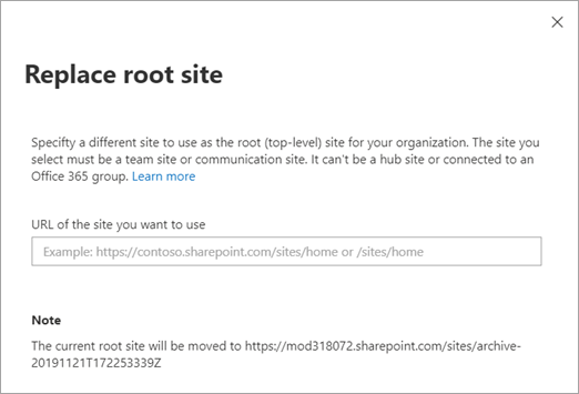 新しい SharePoint 管理センターの [ルート サイトを置き換える] パネル