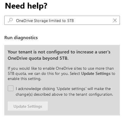 [ヘルプが必要] ウィンドウのスクリーンショットは、テナントが 5 TB を超えてユーザーの OneDrive クォータを増やすために構成されていないことを意味します。