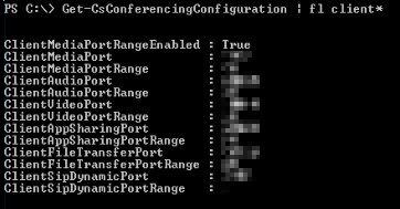 コマンドとポート範囲の結果 Get-CsConferencingConfiguration 示す CMD 画面を示すスクリーンショット。