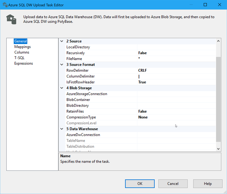 SQL DW アップロード タスク エディターの [全般] ページ