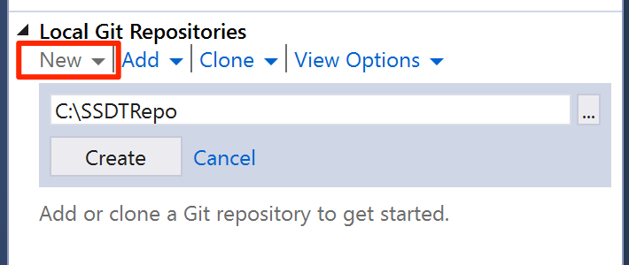 [新規] オプションを枠線で囲んだ [ローカル Git リポジトリ] のスクリーンショット。