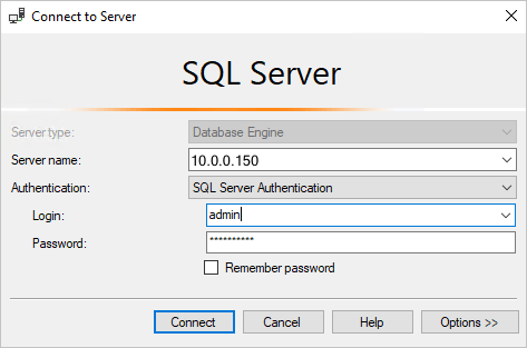 SQL Server Management Studio のスクリーンショット: SQL Database サーバーに接続。