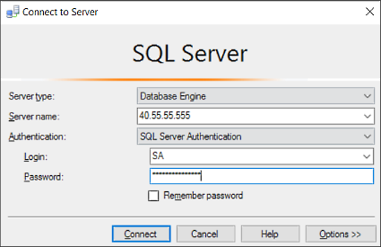 SQL Server Management Studio のスクリーンショット: SQL Database サーバーに接続。