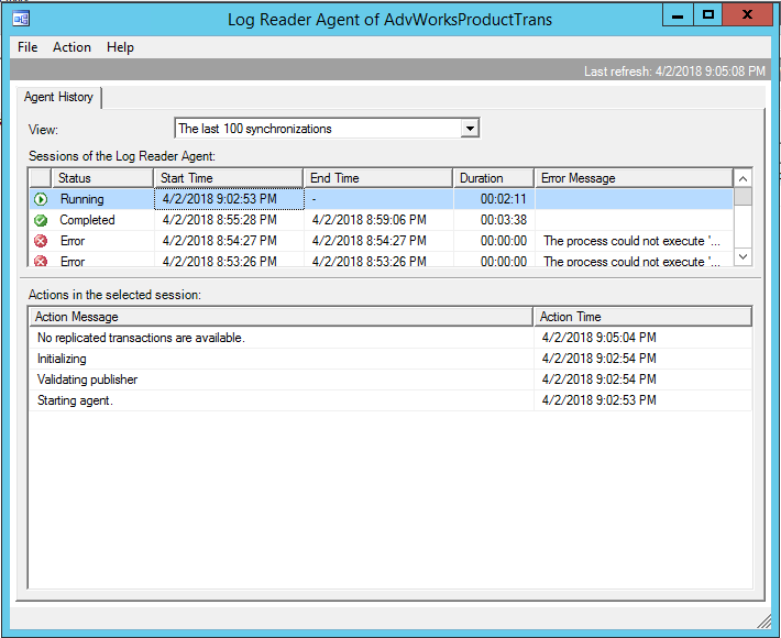 レプリケートされたトランザクションがなくて実行しているログ リーダー エージェントのスクリーンショット。