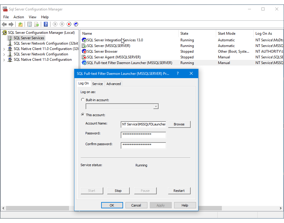 SQL フルテキスト フィルター デーモン ランチャー プロセスのプロパティ