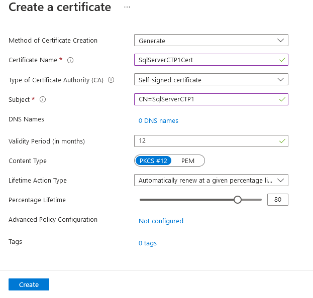 Azure portal の認定資格証を作成するスクリーンショット。