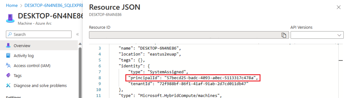 マシン定義の JSON ビューの Portal コントロールのスクリーンショット。