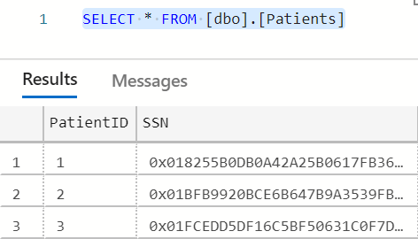 SELECT * FROM [dbo].[Patients] クエリと、バイナリ暗号化テキスト値として表示されたクエリの結果のスクリーンショット。