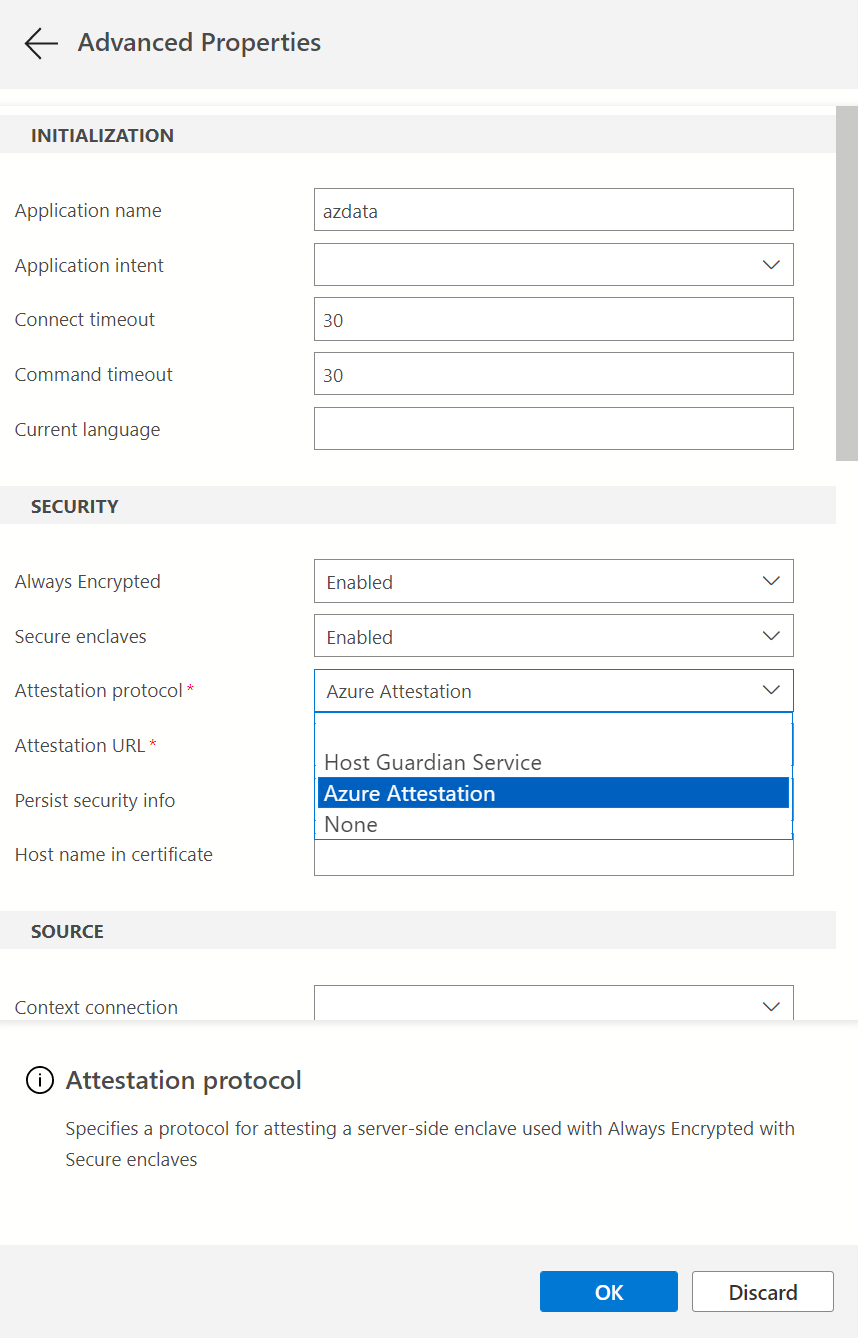 Azure Data Studio を使用し、構成証明を指定してサーバーに接続する