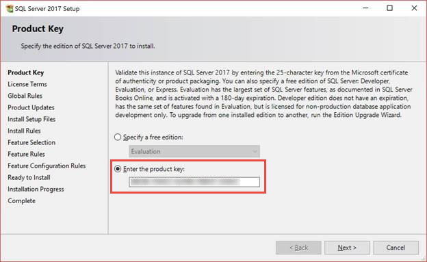 プロダクト キーのフィールドが強調表示されている [SQL Server 2017 セットアップ] ウィンドウのスクリーンショット。