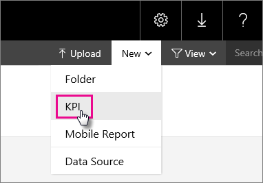 KPI オプションが選択されている [新規] ドロップダウン リストを示すスクリーンショット。