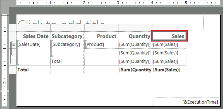 レポート ビルダーの開いているテーブル レポートで Sales 列ヘッダーを選択する方法を示すスクリーンショット。