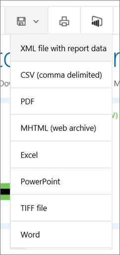 Reporting Services Web ポータルの [エクスポート] リストを示すスクリーンショット。