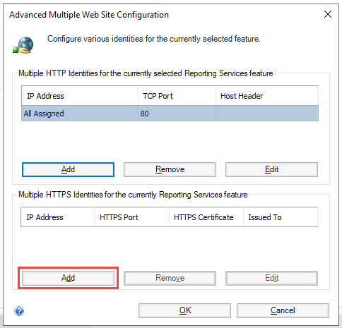 複数の HTTPS ID の [追加] ボタンが強調表示されている [複数の Web サイトの構成の詳細設定] ページのスクリーンショット。