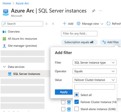 Azure Arc SQL Server フィルターの追加コントロールの Azure portal のスクリーンショット。