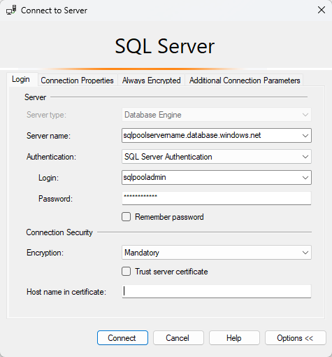 Azure Synapse Analytics 接続ダイアログのスクリーンショット。