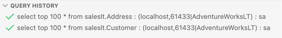 左側に緑色のチェック マークが付いた 2 つの選択 * クエリが表示された [クエリ履歴] タブのスクリーンショット。