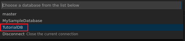 Visual Studio Code GUI、データベース選択のスクリーンショット。
