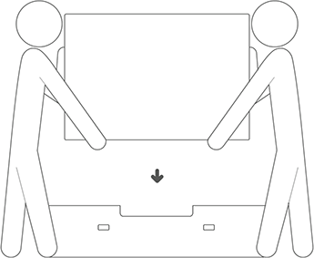 ベースまたは取り付けハードウェアを取り外します。2 人を使用して、出荷コンテナーのベースにユニットを配置します。