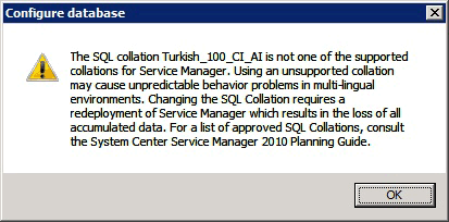 トルコ語の照合順序の警告を示すスクリーンショット。