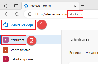 Azure DevOps 組織の選択のスクリーンショット。