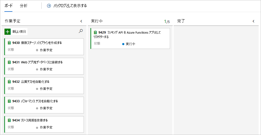 [実行中] 列の作業項目カードが強調されている Azure Boards のスクリーンショット。