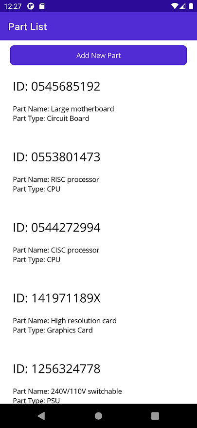 A screenshot of the Parts Client app running on Android showing a list of parts.