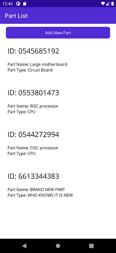 A screenshot of the app running after a new part has been added. The new part is at the bottom of the list.