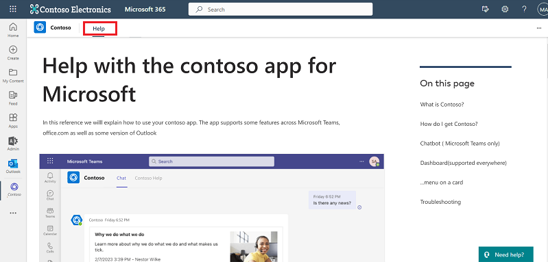 Microsoft 365 の Contoso アプリを示すスクリーンショット。