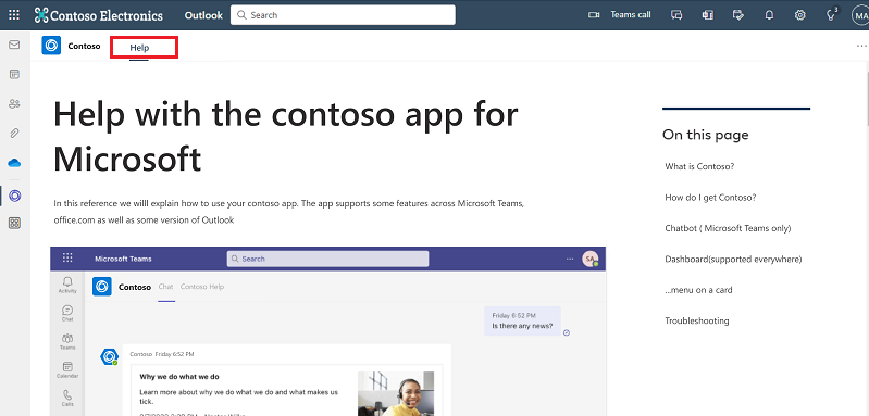 Outlook の Contoso アプリを示すスクリーンショット。
