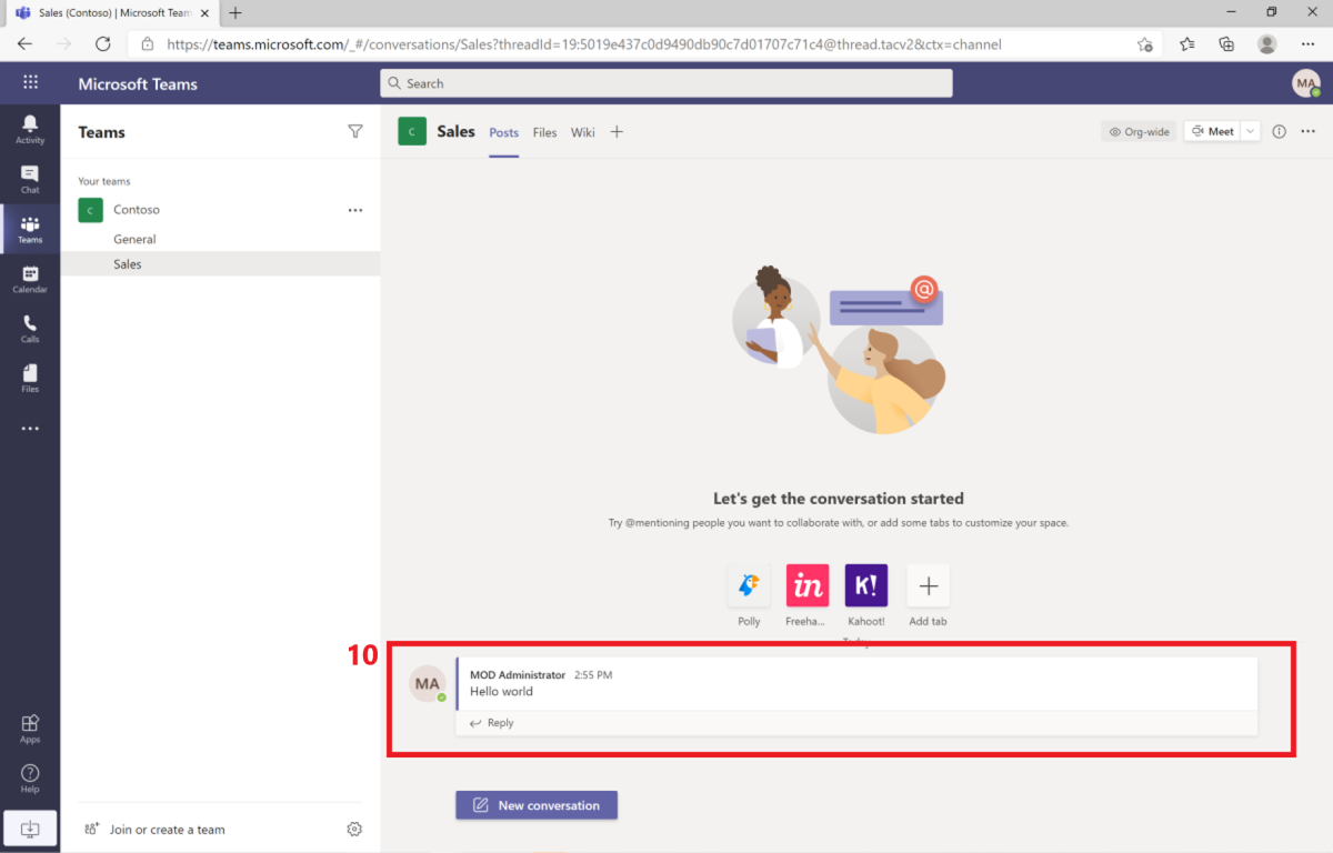 Microsoft Teams での POST 要求の結果を示すスクリーンショット。