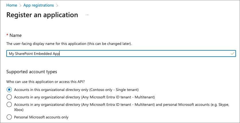 新しいシングルテナント Microsoft Entra ID アプリケーションの作成のスクリーンショット。