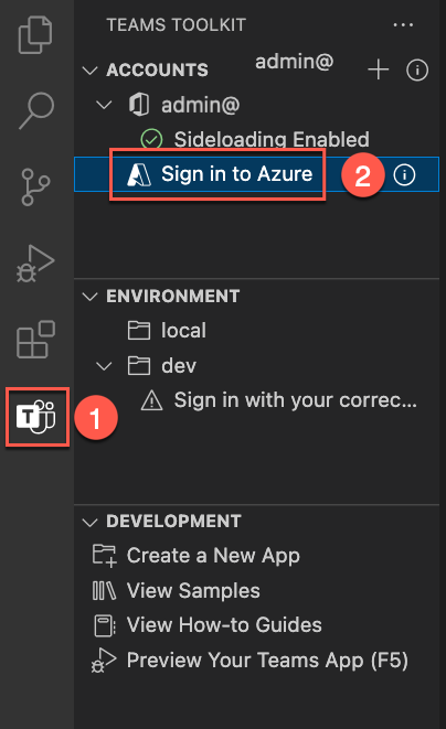 [Teams ツールキット] パネルのスクリーンショット。Azure にサインインするためのボタンが表示されています。