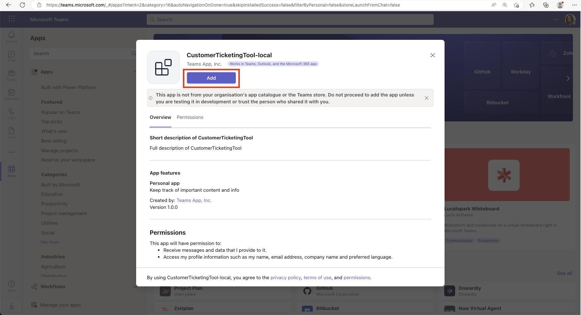 Microsoft Teams にアプリを追加するためのボタンを示すスクリーンショット。