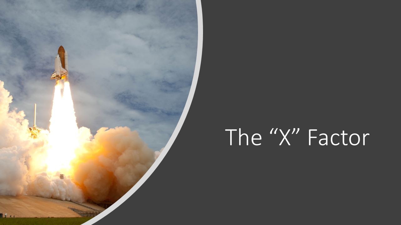 ブースター ロケットで打ち上げられるシャトルと、'X' ファクターというテキスト。