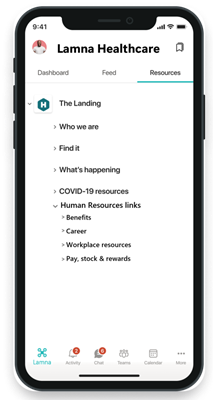 さまざまな人事リンクへのリンクを示す [Lamna Healthcare Resources] タブのモバイル画面。